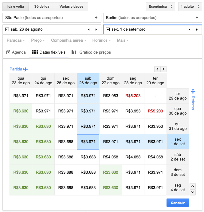 Pesquisando passagens no Google Flights